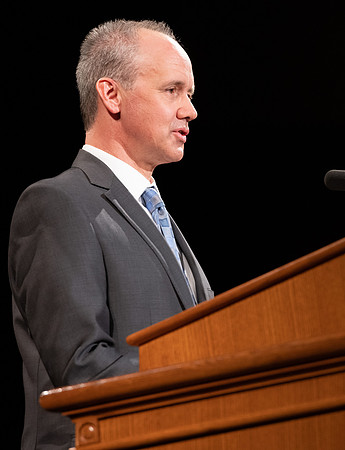 Robert Tueller of the Music Department records his devotional talk.