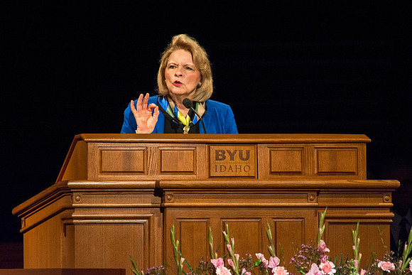 Sheri Dew, CEO of Deseret Book, speaks during a BYU-Idaho devotional about the importance of asking inspired questions in order to strengthen our testimonies of the Gospel. Photo by Katelyn Crompton
