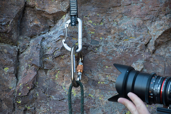 Detail shots of a carabiner. (Climbing wall up Kelly Canyon)
