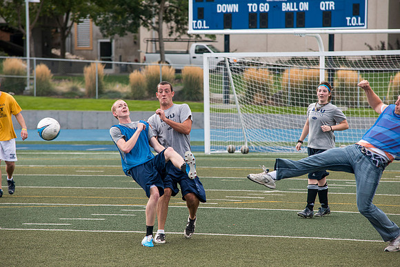 Students show off thier skills in a soccer class the first day of school.