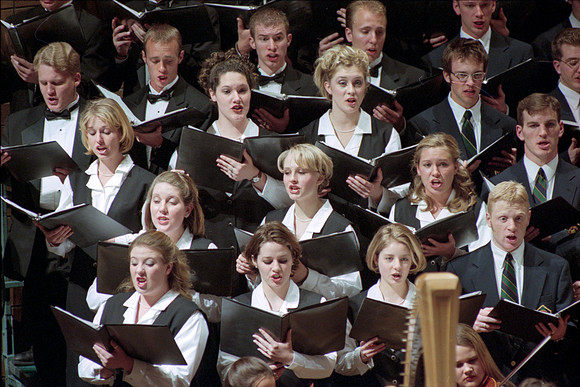 1999 Sacred Music Performance in the Snow Barrus Concert Hall. Commissioned composition by Merrill Jenson. Featuring Ricks College Symphony Orchestra, Collegiate Singers, and Concert Chorale with LDS