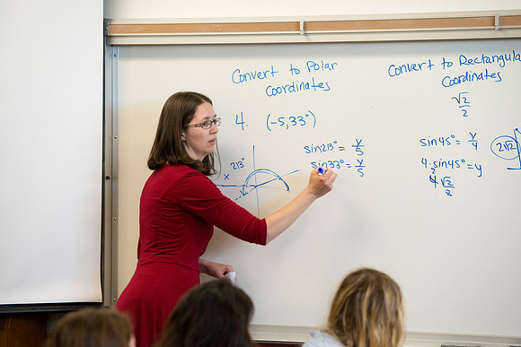 Exemplary Faculty Jen Baxter teaches a Trigonometry class in the Ricks Building.