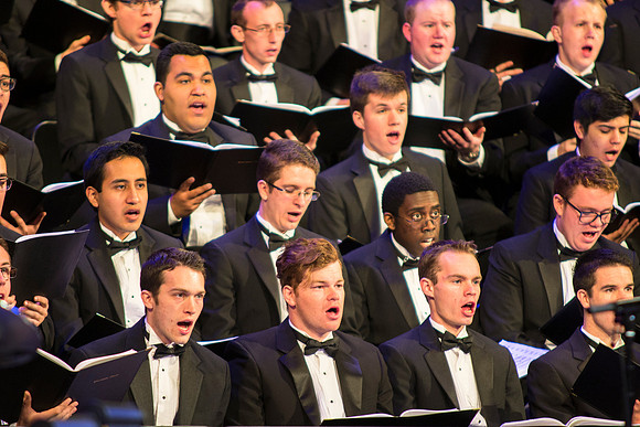 Brigham Young University-Idaho's Symphony Orchestra, Collegiate Singers, Concert Choir, Men's Choir, and Women's Choir rehearses in the I-Center for their "The Redeemer" performance.