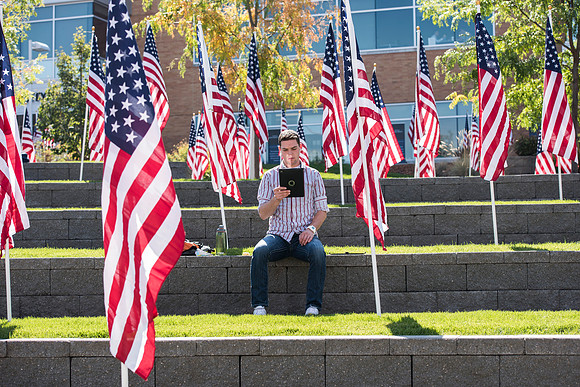 500 flags displayed in the Central Quad on Constitution Day.