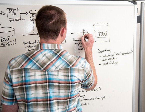 Employees work on developing a better curriculum for online students.