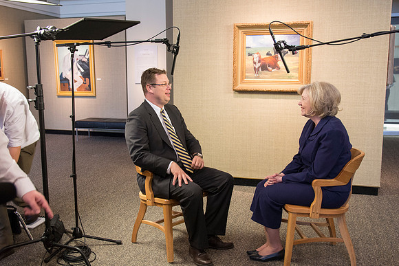 Robyn Bergstrom, of the Communications Department, gets interviewed by President Clark G. Gilbert.