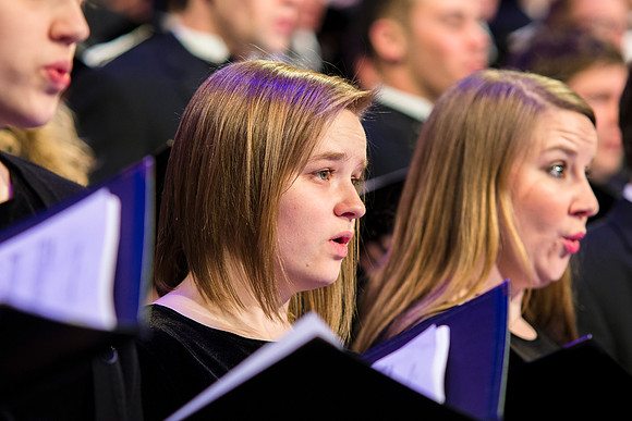 Brigham Young University-Idaho's Symphony Orchestra, Collegiate Singers, Concert Choir, Men's Choir, and Women's Choir rehearses in the I-Center for their "The Redeemer" performance.
