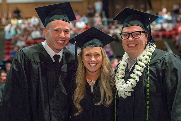 Convocation for the College of Business and Communication. Tyler Rickenbach, Katelyn Crompton and Erik Hill