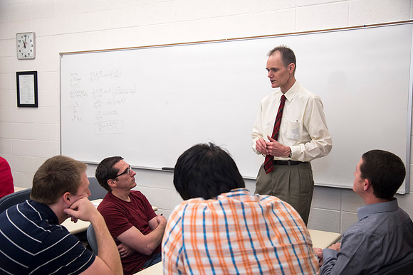 Mechanical Engineering instructor, Russell Daines, teaches the Fluid Mechanics course in the Austin building.
