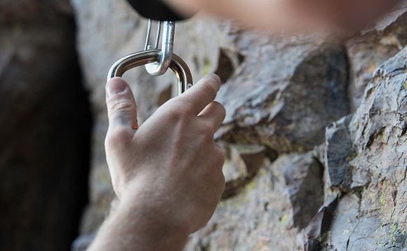 Detail shots of a carabiner. (Climbing wall up Kelly Canyon)