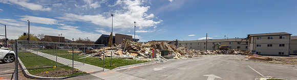 A panoramic view of the Shelborne Apartments being knocked down.