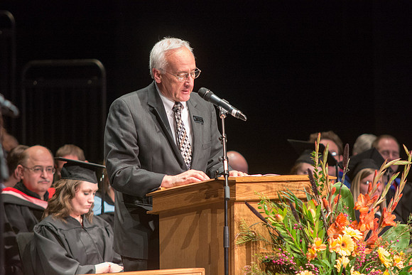 Mark Woodruff, Assistant to the Commissioner of the Church Educational System, makes remarks to graduates of Brigham Young University-Idaho.