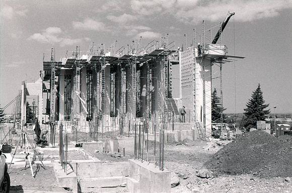 Construction takes place on the Religion Building site.