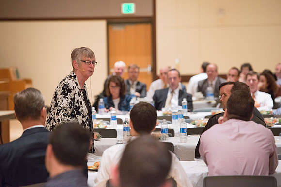 Dr. Maryellen Weimer addresses the faculty during a luncheon. Maryellen Weimer, Professor Emerita of Teaching and Learning at Penn State Berks, edits The Teaching Professor, a monthly higher education