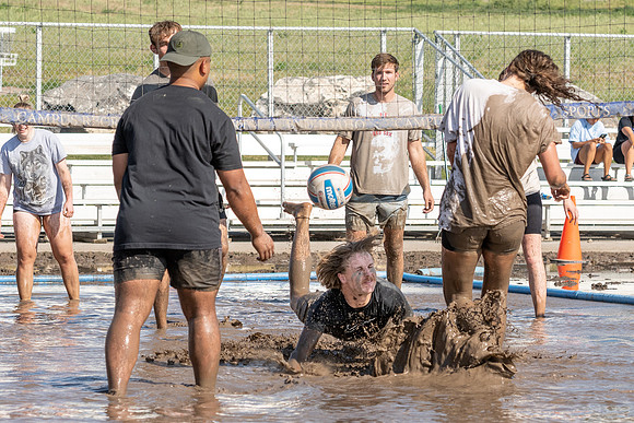 Students gather by the upper fields on the BYU-Idaho Campus to play recreation games, slip 'n' slide, mud volleyball, and try the ropes course.