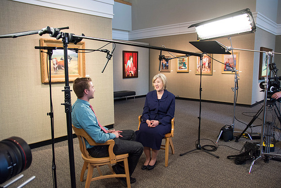 Robyn Bergstrom, of the Communications Department, gets interviewed by President Clark G. Gilbert.