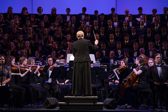 Brigham Young University-Idaho's Symphony Orchestra, Collegiate Singers, Concert Choir, Men's Choir, and Women's Choir rehearses in the I-Center for their "The Redeemer" performance.