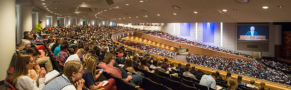 Students gather each week in the BYU-Idaho Center to be strengthened by the spoken word as they listen to devotional.