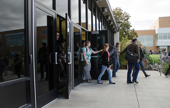 Students walk between classes just outside the Joseph Fielding Smith Building