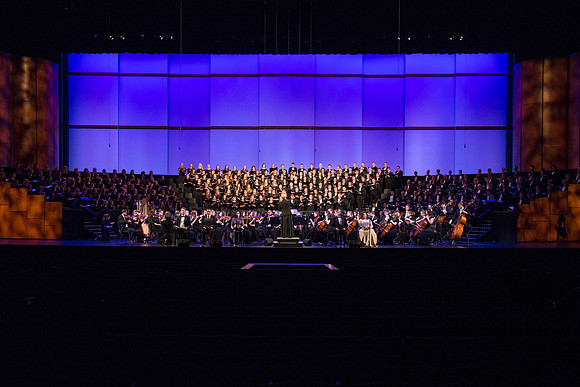 Brigham Young University-Idaho's Symphony Orchestra, Collegiate Singers, Concert Choir, Men's Choir, and Women's Choir rehearses in the I-Center for their "The Redeemer" performance.