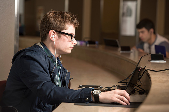 Colton Odell plugs in and finds a quiet place to study in the MC.