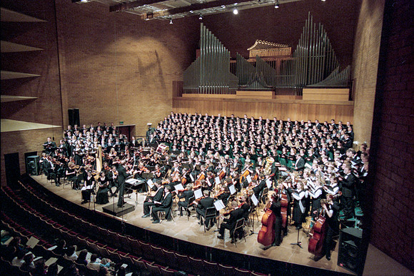 1999 Sacred Music Performance in the Snow Barrus Concert Hall. Commissioned composition by Merrill Jenson. Featuring Ricks College Symphony Orchestra, Collegiate Singers, and Concert Chorale with LDS