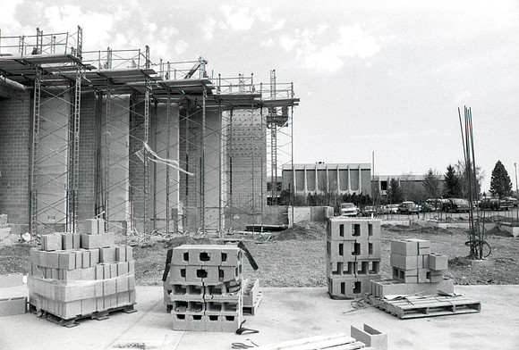 Construction takes place on the Religion Building site.