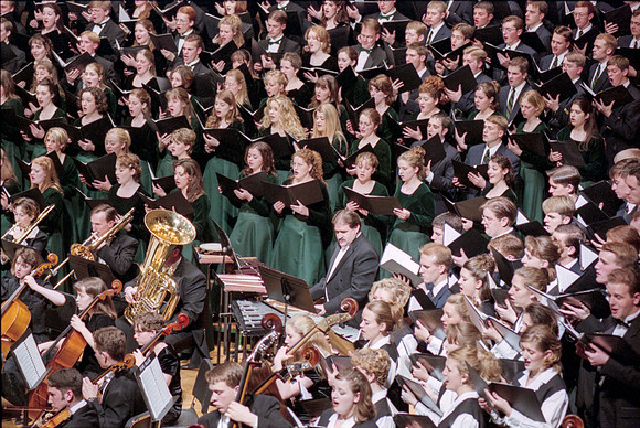 1999 Sacred Music Performance in the Snow Barrus Concert Hall. Commissioned composition by Merrill Jenson. Featuring Ricks College Symphony Orchestra, Collegiate Singers, and Concert Chorale with LDS