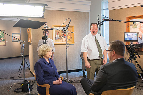 Robyn Bergstrom, of the Communications Department, gets interviewed by President Clark G. Gilbert.