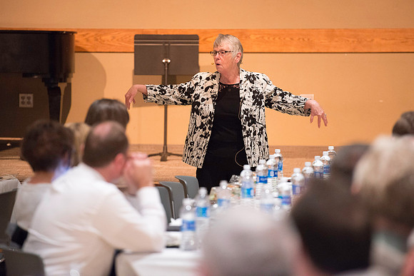 Dr. Maryellen Weimer addresses the faculty during a luncheon. Maryellen Weimer, Professor Emerita of Teaching and Learning at Penn State Berks, edits The Teaching Professor, a monthly higher education