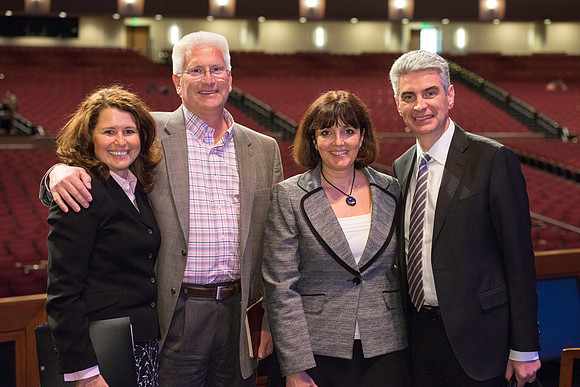 Bishop Gérald Caussé and his wife with Trish and Joe Gannaway.