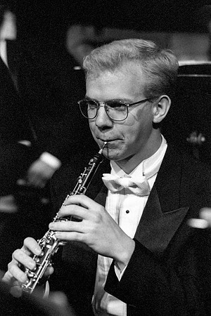 Oboist in the orchestra performing "The Song of Nephi"