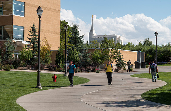 Pathway to the Ricks Building with a view of the Rexburg Temple.