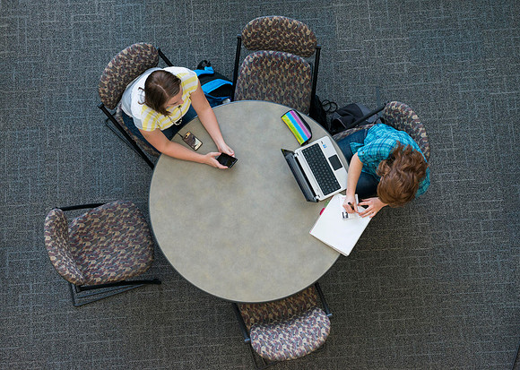 Birds eye view of students in the Thomas E Ricks Building.