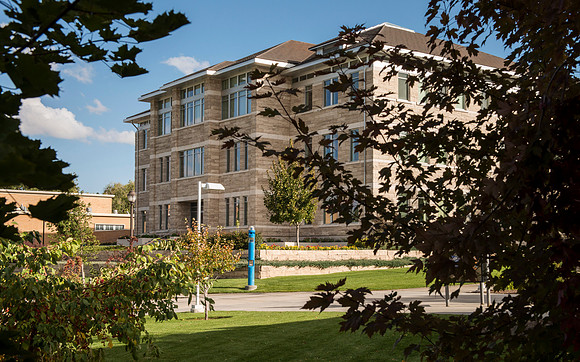 Changing seasons with coming of autumn at BYU-Idaho. Jacob Spori Building
