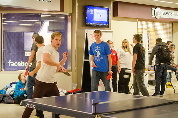 BYU-Idaho students participate in a ping pong tournament held in the Manwaring Center