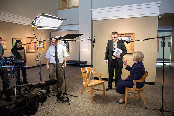 Robyn Bergstrom, of the Communications Department, gets interviewed by President Clark G. Gilbert.