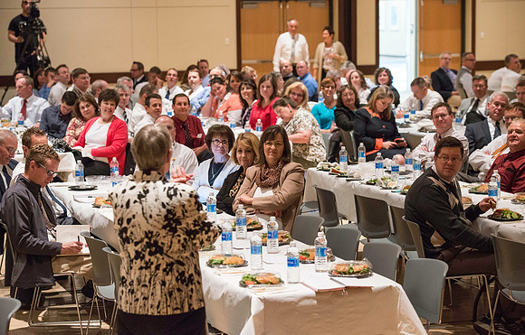 Dr. Maryellen Weimer addresses the faculty during a luncheon. Maryellen Weimer, Professor Emerita of Teaching and Learning at Penn State Berks, edits The Teaching Professor, a monthly higher education
