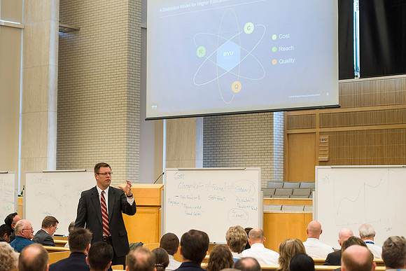 President Gilbert meets with employees in the Taylor Chapel.