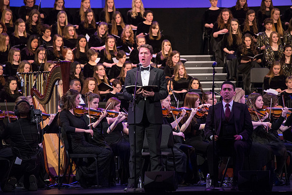 Brigham Young University-Idaho's Symphony Orchestra, Collegiate Singers, Concert Choir, Men's Choir, and Women's Choir rehearses in the I-Center for their "The Redeemer" performance.