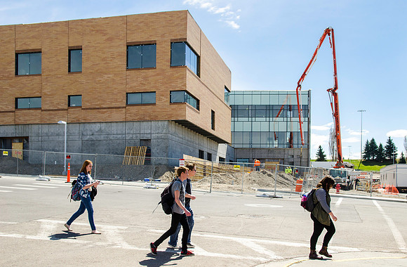 Pedestrian crossing across from Science and Technology Building Construction.
