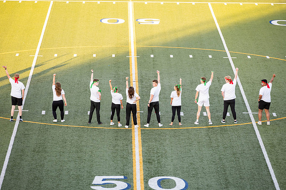 Students gather at the stadium to watch the football championship.