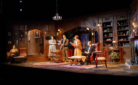 Drama dress rehearsal for the Blithe Spirit play in the Snow theater.