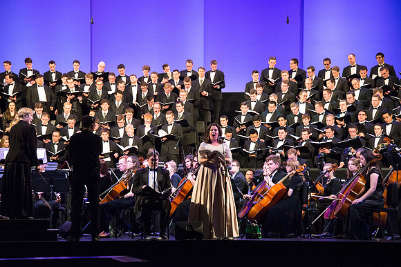 Brigham Young University-Idaho's Symphony Orchestra, Collegiate Singers, Concert Choir, Men's Choir, and Women's Choir rehearses in the I-Center for their "The Redeemer" performance.
