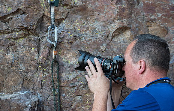 Detail shots of a carabiner. (Climbing wall up Kelly Canyon)