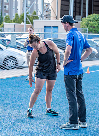 Faculty and community members of BYUI at Speed and Agility triathlete trannings at the stadium.