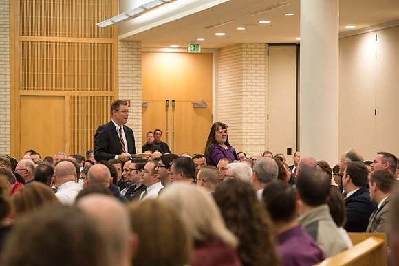 President Gilbert meets with employees in the Taylor Chapel.