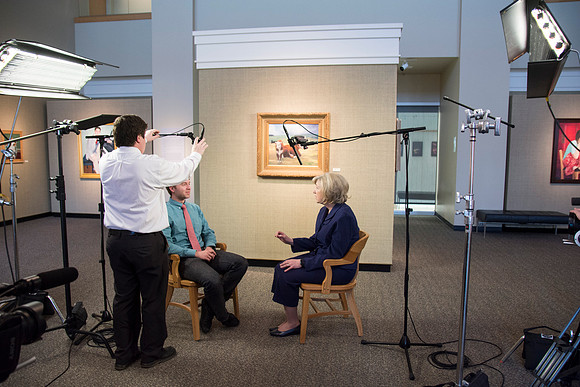 Robyn Bergstrom, of the Communications Department, gets interviewed by President Clark G. Gilbert.