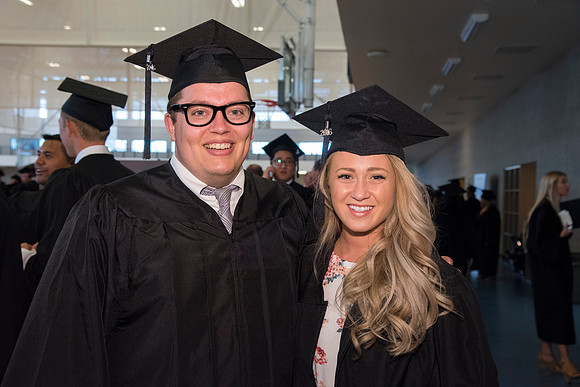 Graduates Erik Hill and Katelyn Cromptyn, of Brigham Young University-Idaho, prior to convocation of the Spring 2016 semester. Photo by Ryan Chase.