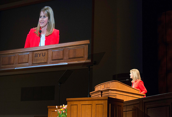 President and Sister Gilbert address the students the first devotional of the semester.